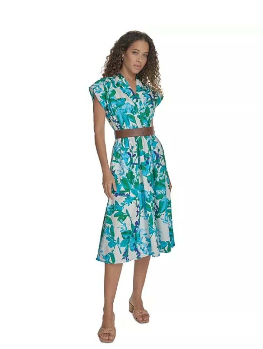 Calvin Klein NWT Floral Midi Dress Sz 2 Blue Green Belted V-Neck Cap Sleeve $149